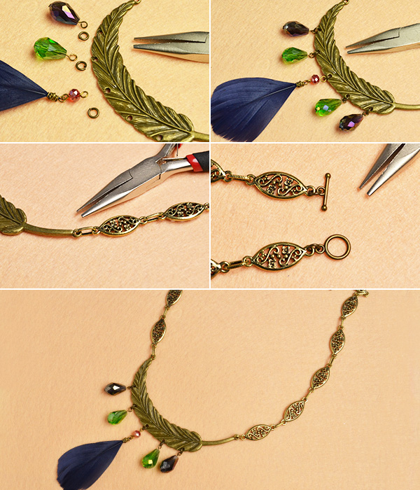 Pandahall Original Project- How to Make Tibetan Style Feather Pendant Necklace with Drop Glass Beads(8)